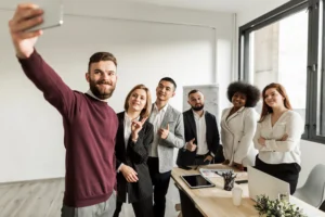 front-view-business-people-taking-selfie